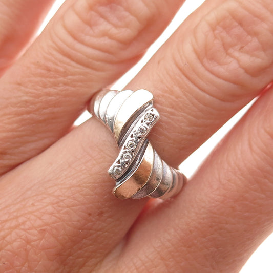 925 Sterling Silver 14K Gold Vintage Round-Cut C Z Modernist Ring Size 6