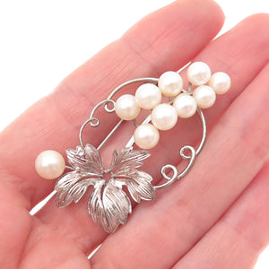 925 Sterling Silver Antique Art Deco Real Akoya Pearl Floral Pin Brooch