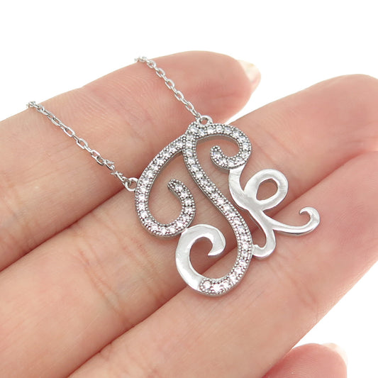 925 Sterling Silver Round-Cut C Z Letter "T" Ornate Cable Chain Necklace 16-18"