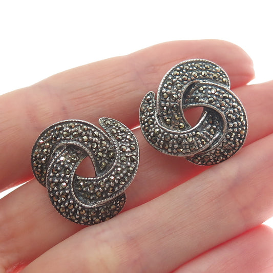 925 Sterling Silver Vintage Real Marcasite Trinity Twisted Oxidized Earrings