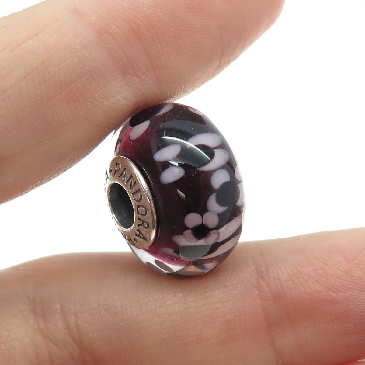 PANDORA 925 Sterling Silver Murano Glass Purple Flowers & Plants Bead Charm