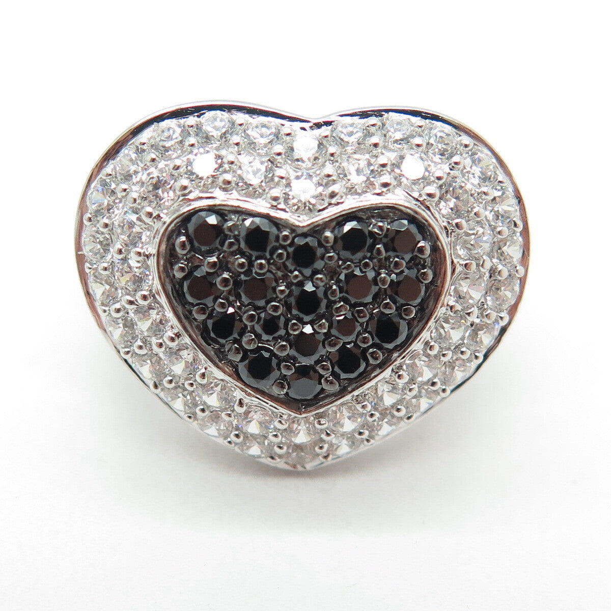 925 Sterling Silver Real Round-Cut Black Spinel & C Z Heart Ring Size 7.5