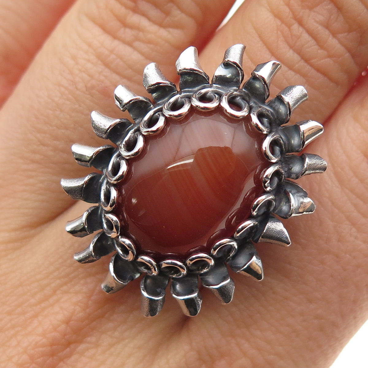 925 Sterling Vintage Brazil Real Agate Modernist Oxidized Adjustable Ring Size 6