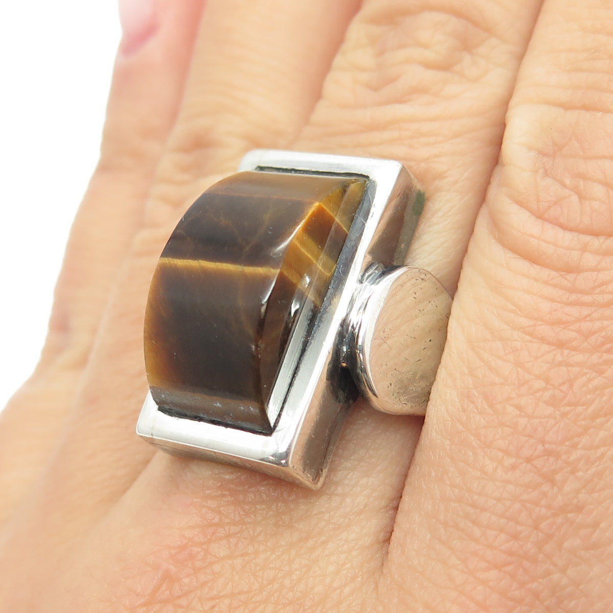 925 Sterling Silver Vintage Real Tiger Eye Gemstone Ring Size 8.25