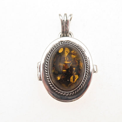 925 Sterling Silver Vintage Real Amber Oxidized Locket Pendant