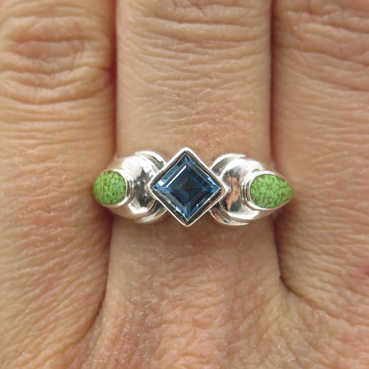 925 Sterling Silver Vintage Real Blue Topaz & Turquoise Inlay Ring Size 7