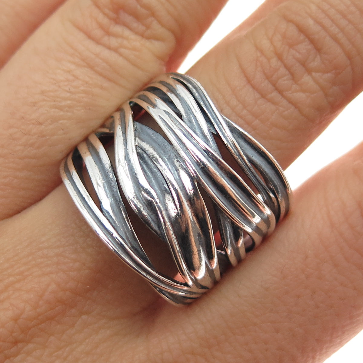 925 Sterling Silver Vintage Modernist Crisscross Oxidized Ring Size 10