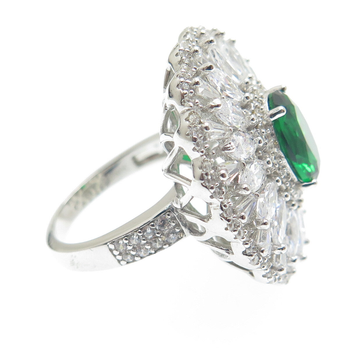 DSMK 925 Sterling Silver Chrome Diopside & Multi-Cut C Z Cluster Ring Size 7.25