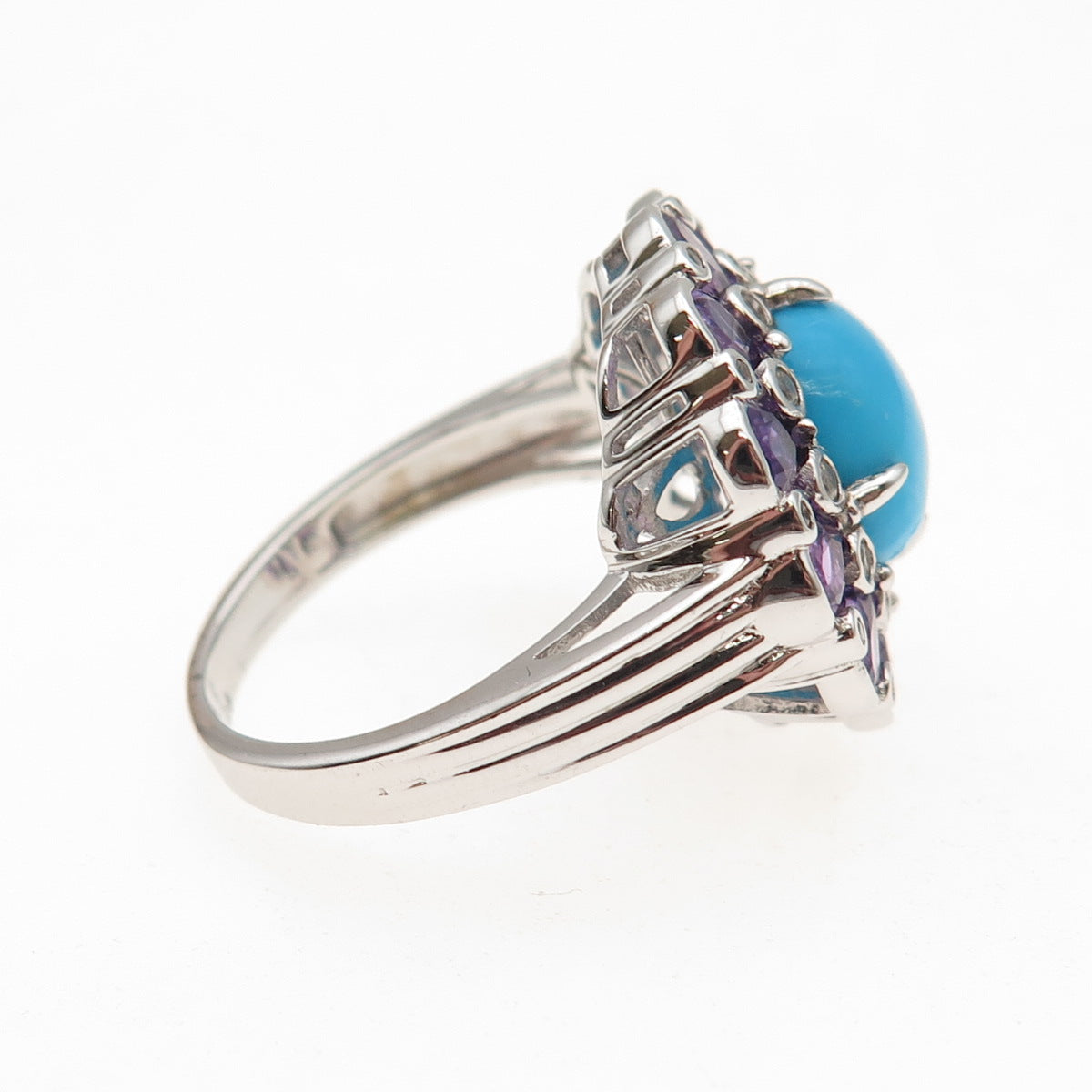 Chuck Clemency Sterling Silver Real Turquoise Amethyst & White Topaz Ring Size 8