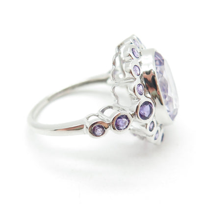 DSMK 925 Sterling Silver Oval & Round-Cut Amethyst Gemstone Ring Size 7.25