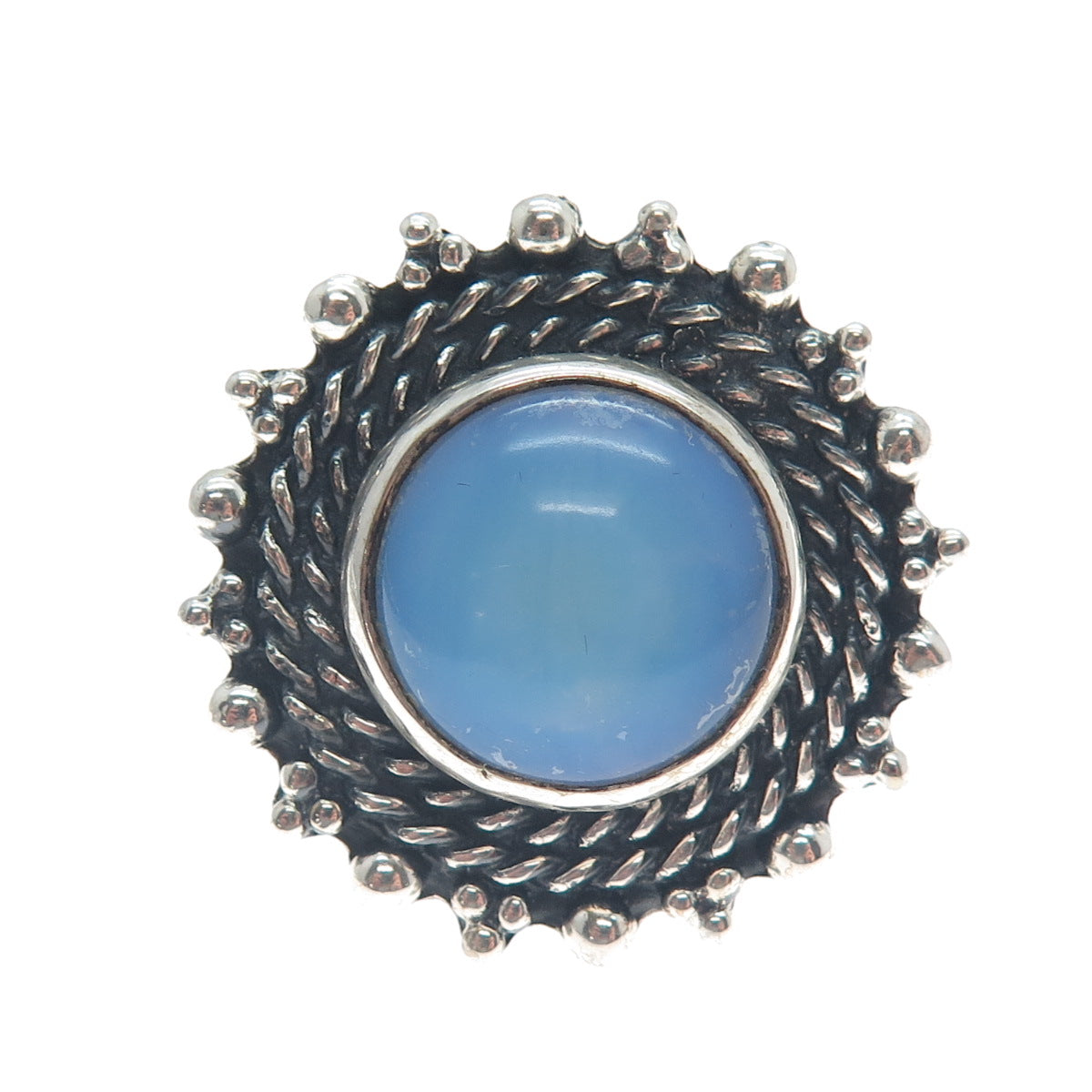 925 Sterling Silver Vintage Real Opalite Roped Beaded Sun Oxidized Ring Size 8.5