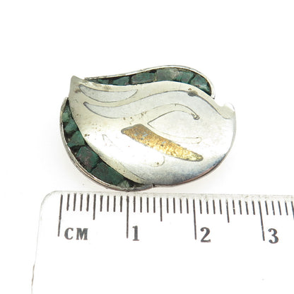 925 Sterling Silver 2-Tone Vintage Mexico Real Azurite Inlay Bird Brooch #110