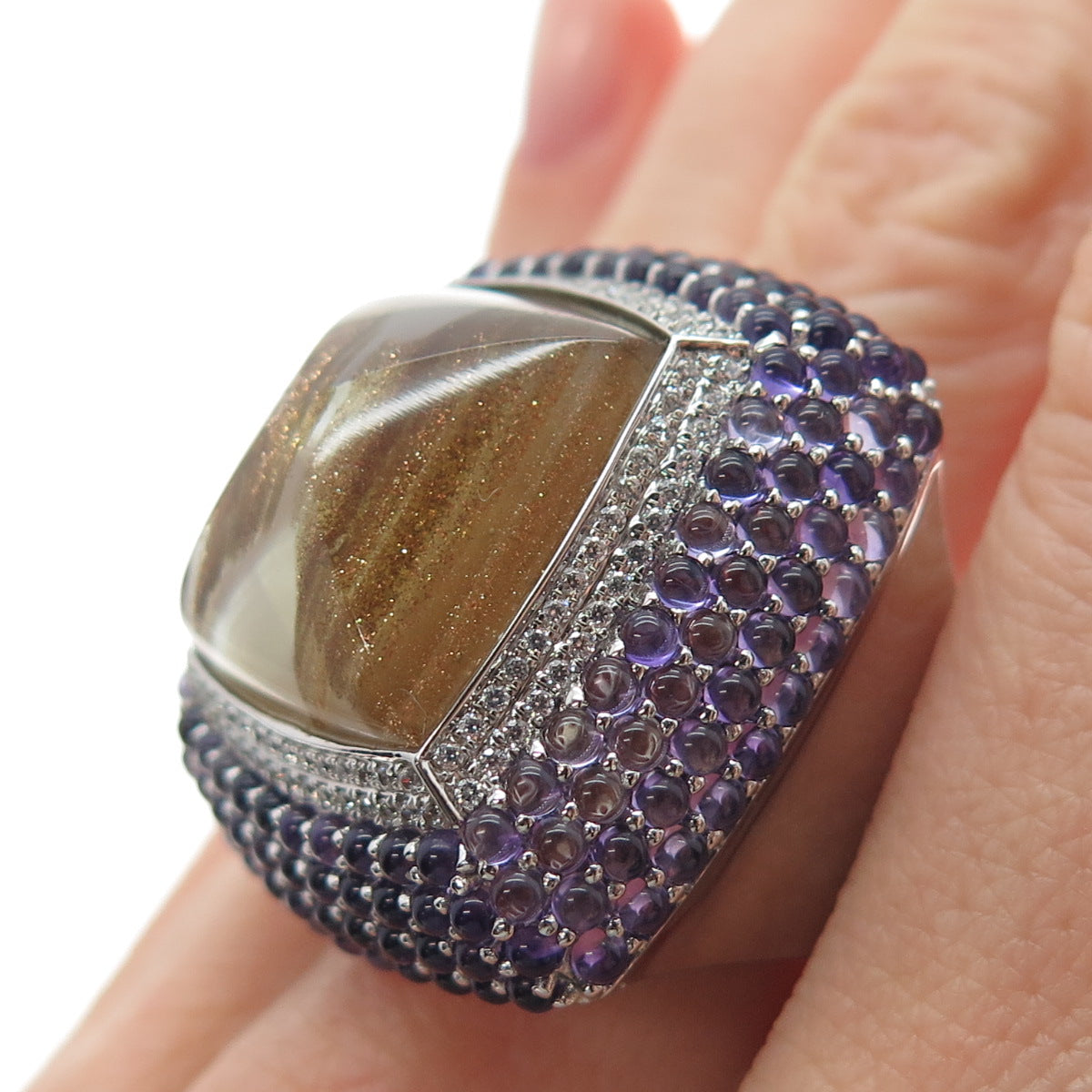 925 Sterling Silver Real Rutilated Quartz Amethyst & C Z Statement Ring Size 7