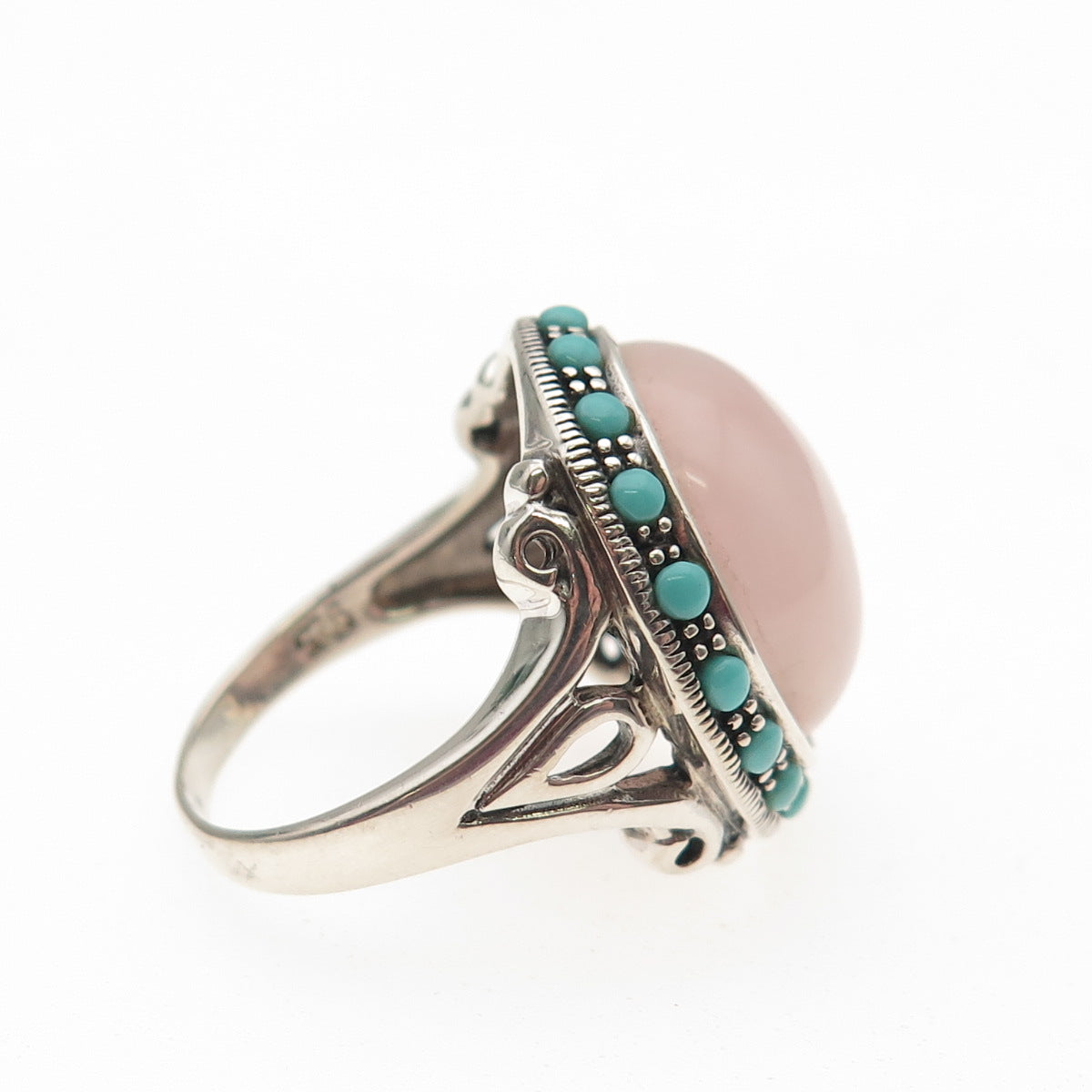925 Sterling Silver Vintage Real Rose Quartz Turquoise Modernist Ring Size 7.75
