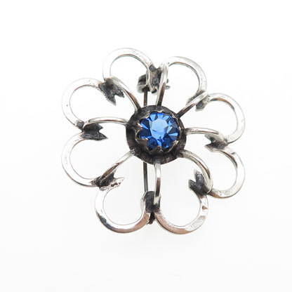 935 Silver Vintage Round-Cut Blue Rhinestone Flower Oxidized Pin Brooch