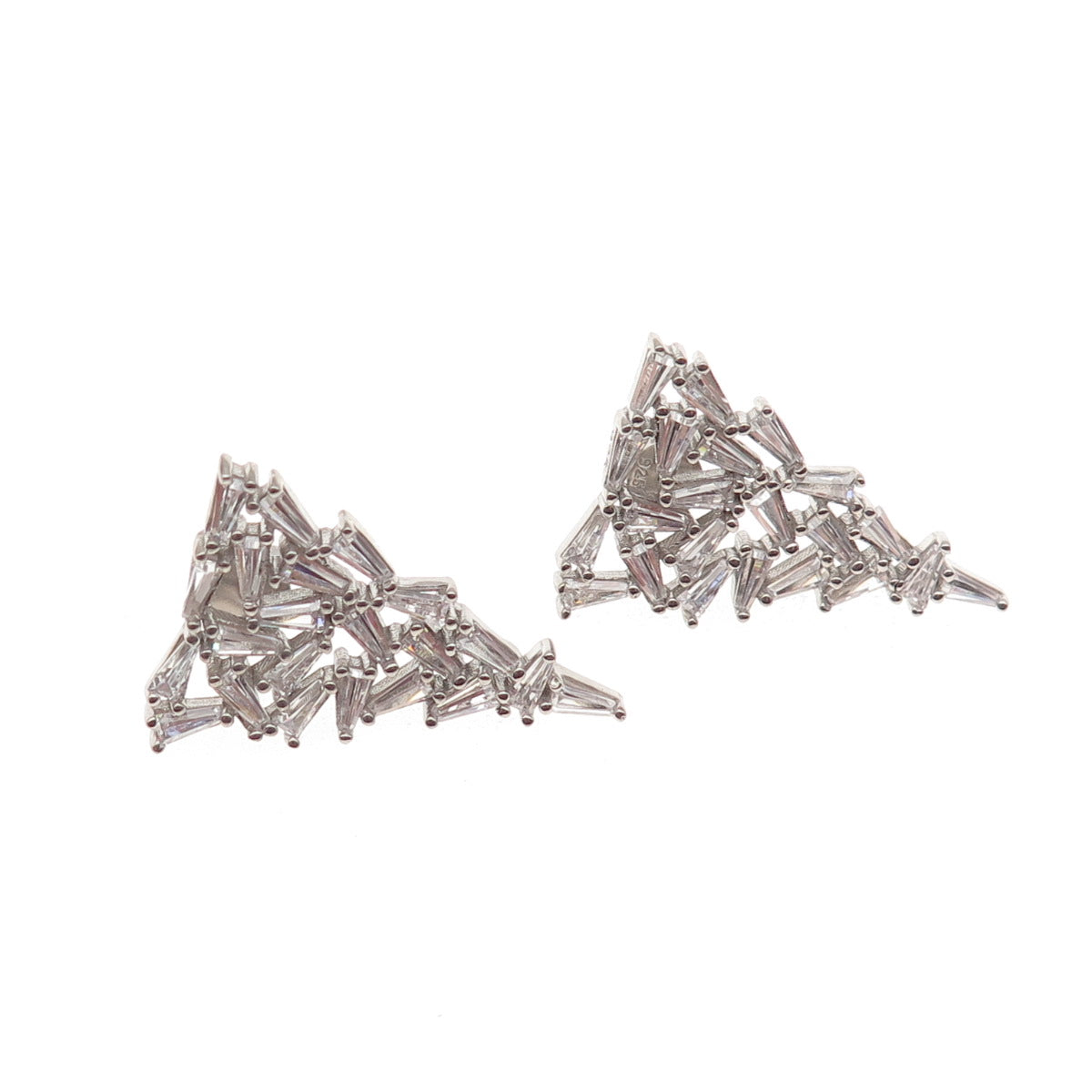 925 Sterling Silver Tapered Baguette-Cut C Z Cluster Triangle Earrings