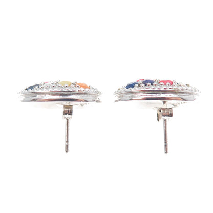 925 Sterling Silver Real Round-Cut Multi-Color Sapphire Earrings
