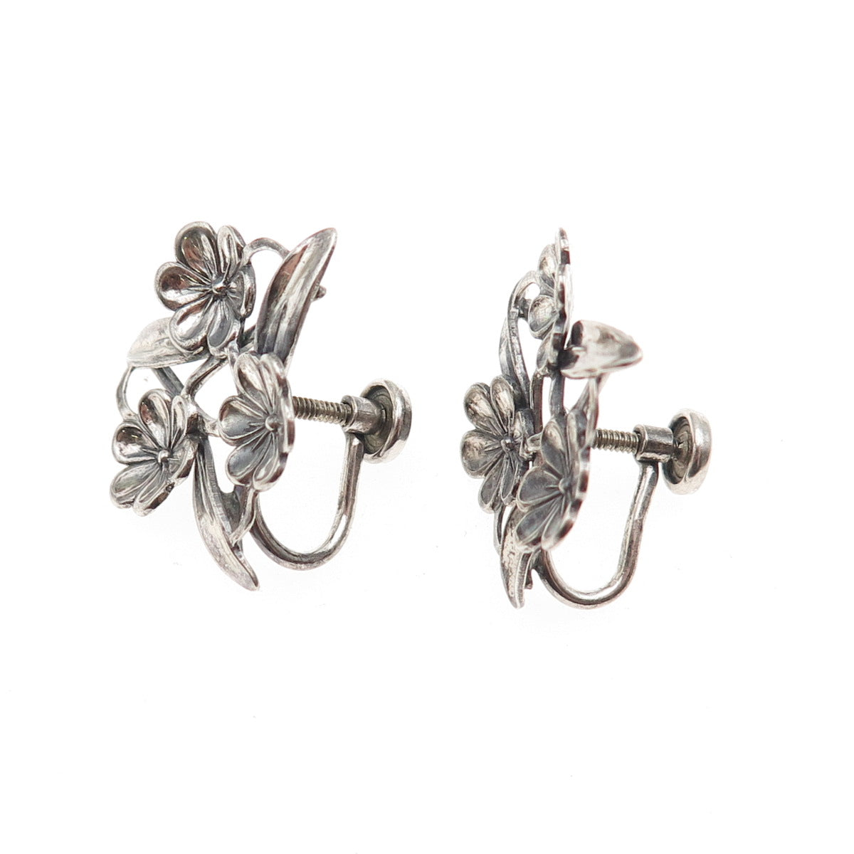 BEAU 925 Sterling Silver Antique Art Deco Flower Oxidized Screw Back Earrings