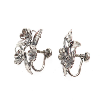 BEAU 925 Sterling Silver Antique Art Deco Flower Oxidized Screw Back Earrings