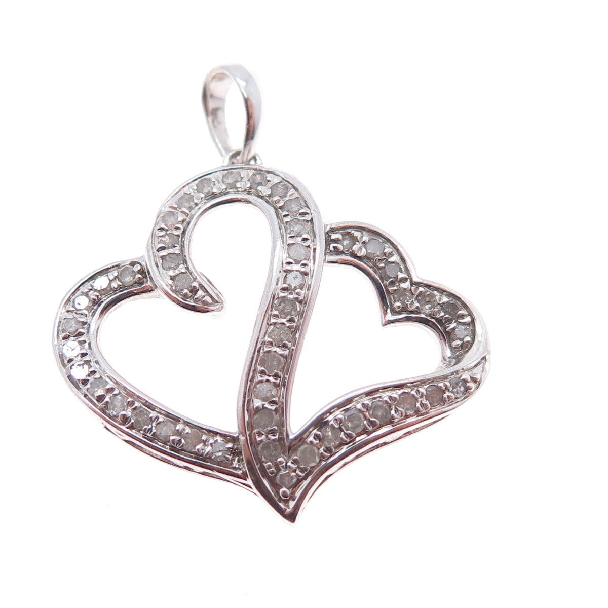 925 Sterling Silver Real Round-Cut Diamond Couple Heart Charm Pendant