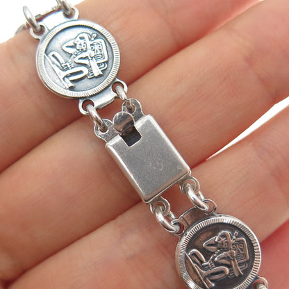925 Sterling Silver Vintage Mexico Aztec God Oxidized Coin Link Bracelet 7"