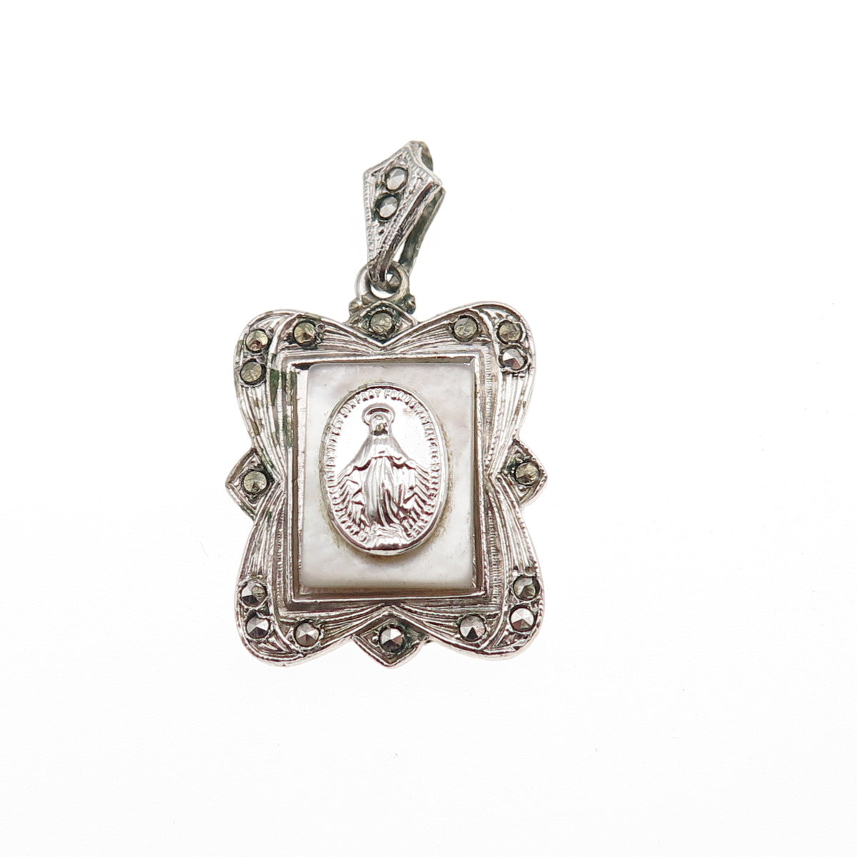 925 Sterling Silver Antique Art Deco Real MOP & Marcasite St. Mary Charm Pendant