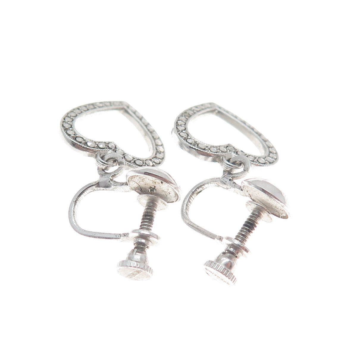 925 Sterling Silver Antique Art Deco Real Marcasite Heart Screw Back Earrings