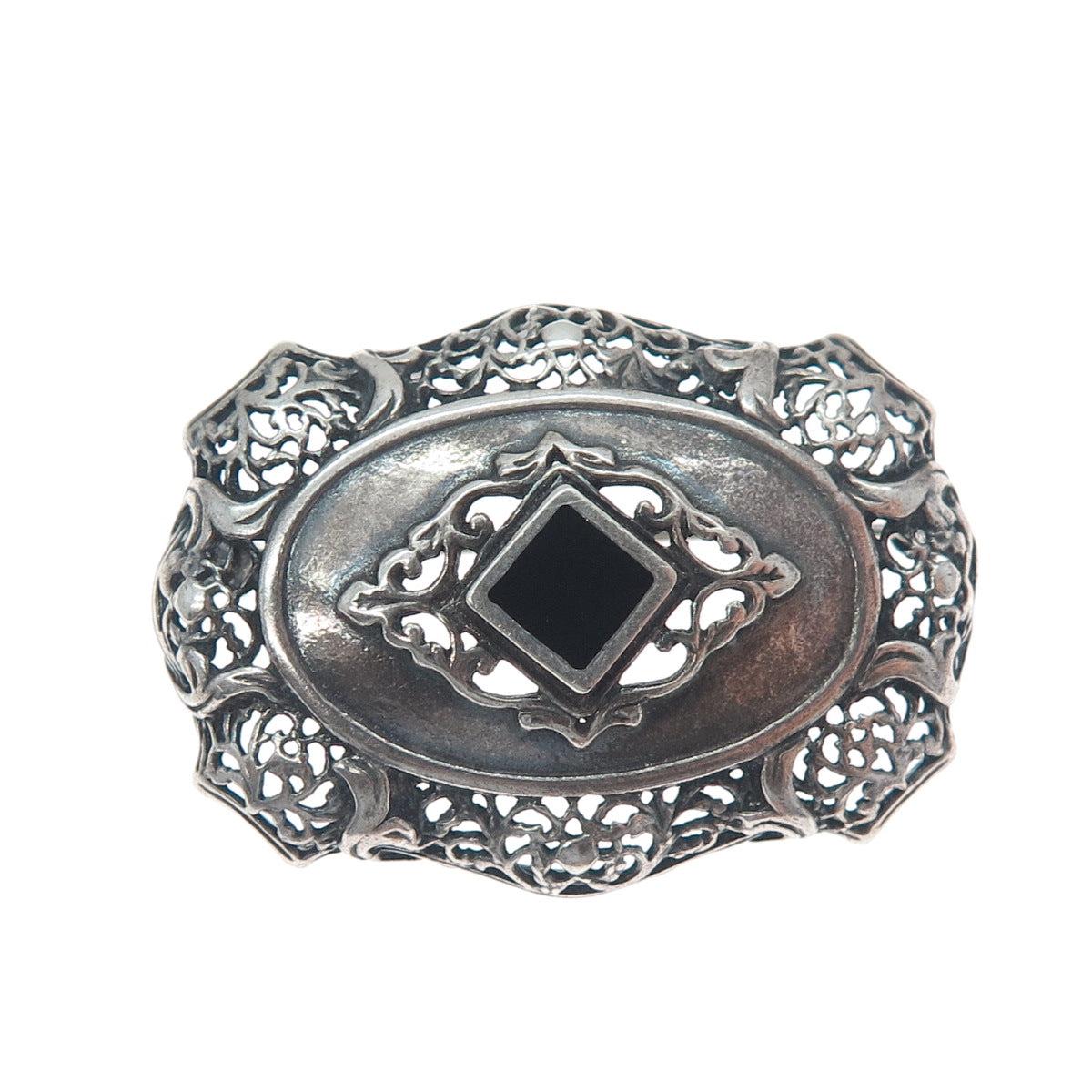 925 Sterling Silver Vintage Real Black Onyx Floral Oxidized Pin Brooch