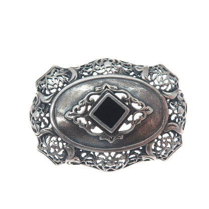 925 Sterling Silver Vintage Real Black Onyx Floral Oxidized Pin Brooch