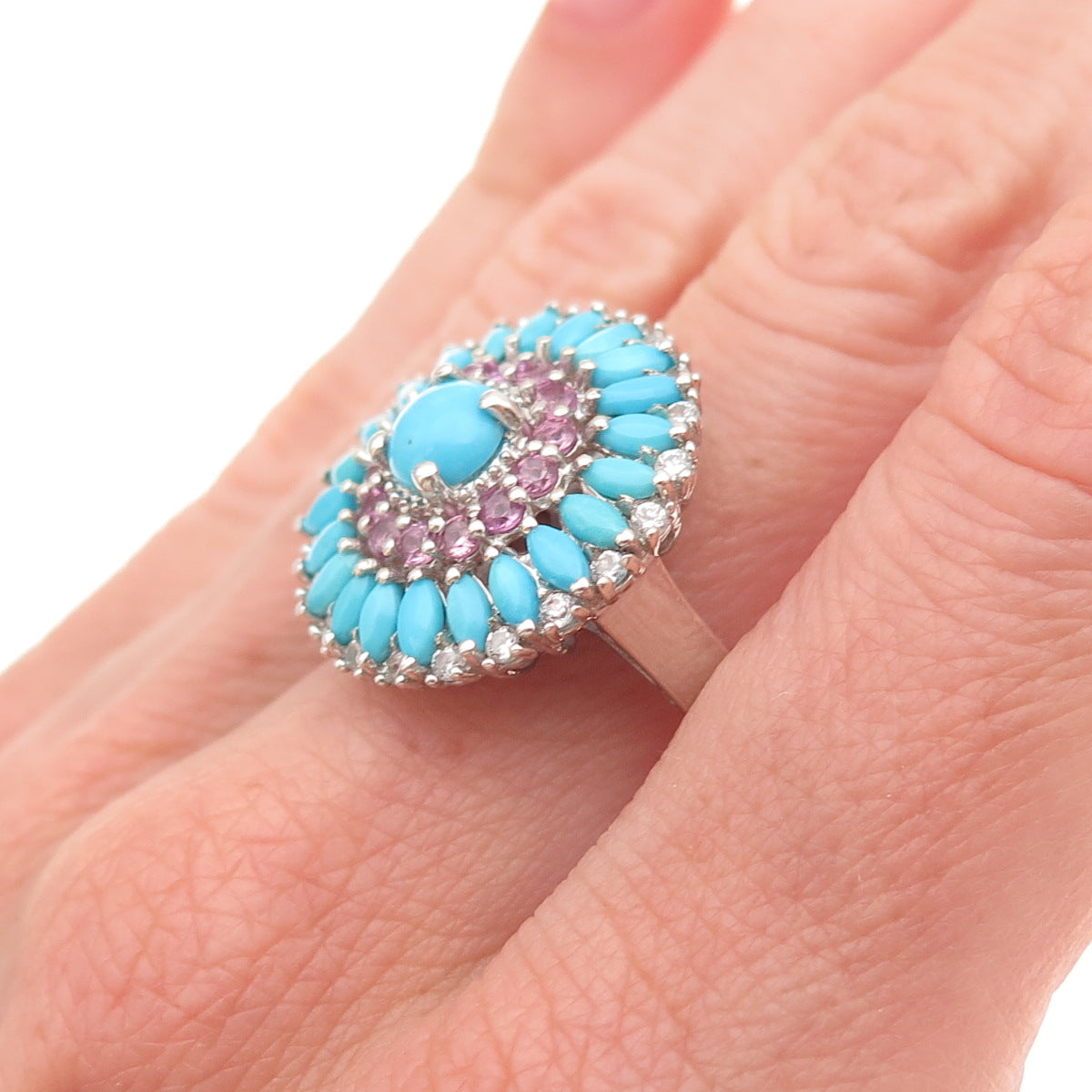 Chuck Clemency Sterling Silver Real Turquoise Pink & White Topaz Ring Size 8.25