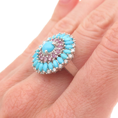 Chuck Clemency Sterling Silver Real Turquoise Pink & White Topaz Ring Size 8.25