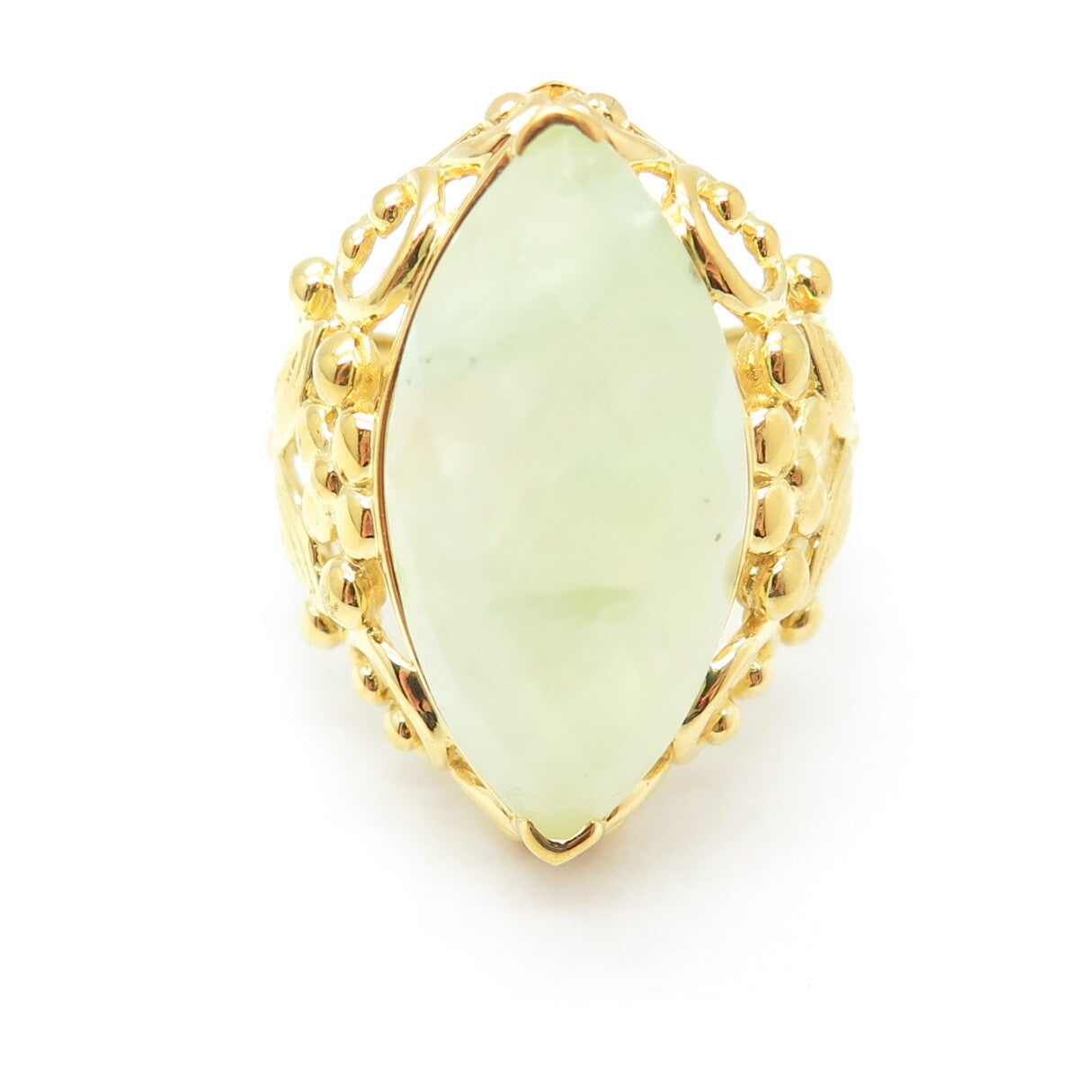 925 Sterling Silver Gold Plated Real Marquise-Cut Prehnite Floral Ring Size 7.5