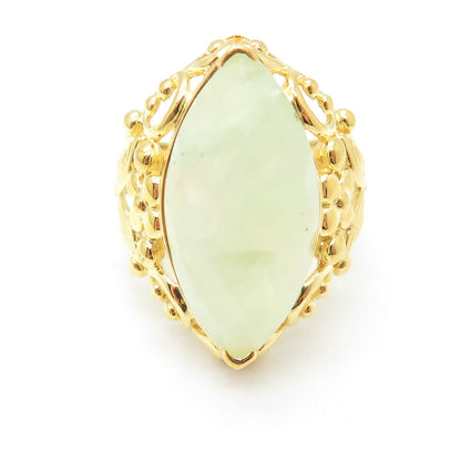 925 Sterling Silver Gold Plated Real Marquise-Cut Prehnite Floral Ring Size 7.5