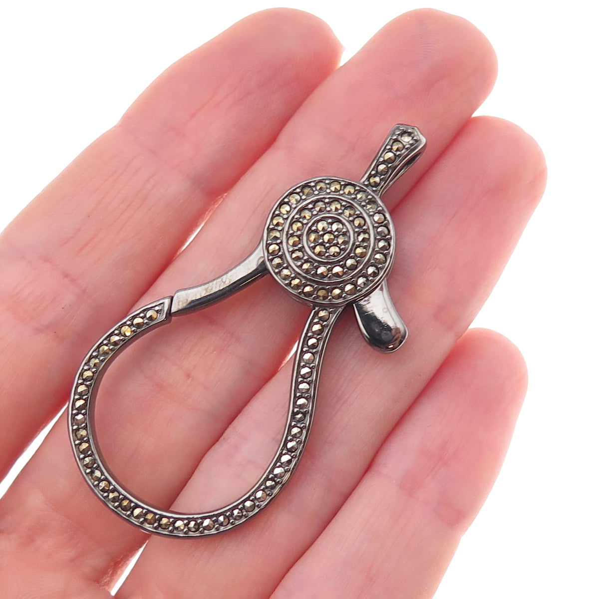 Luv Tia 925 Sterling Silver Black Rhodium Real Marcasite Carabiner Lobster Clasp