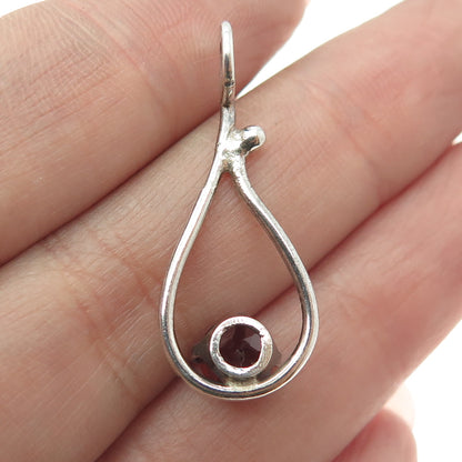 925 Sterling Silver Vintage Real Round-Cut Red Garnet Teardrop Pendant