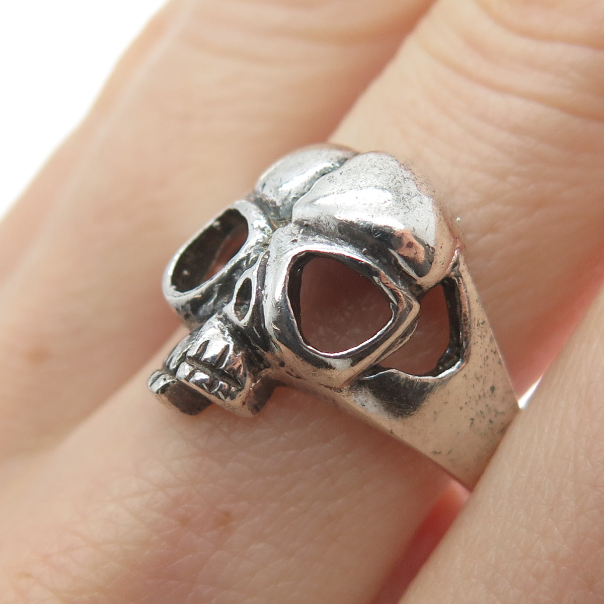 925 Sterling Silver Vintage Broken Skull Biker Oxidized Ring Size 10.5