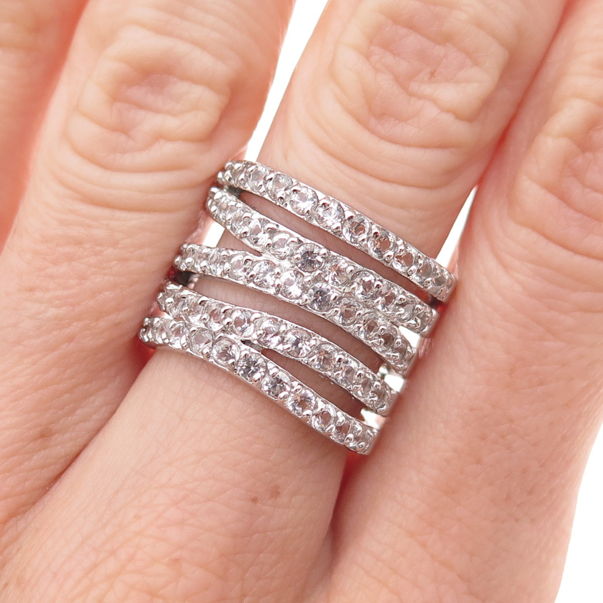 Dee Berkle 925 Sterling Silver Real Round-Cut White Topaz 5-Row Ring Size 7.25