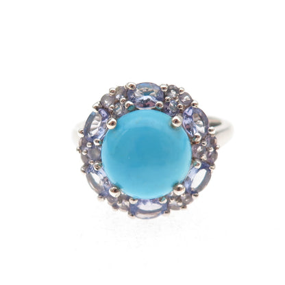 Chuck Clemency 925 Sterling Silver Real Turquoise & Tanzanite Floral Ring Size 8