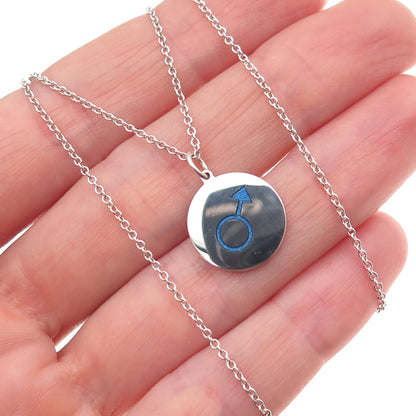 925 Sterling Silver Blue Enamel Male Symbol Round Tag Cable Chain Necklace 18"