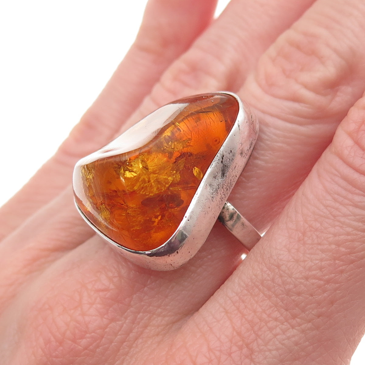 925 Sterling Silver Vintage JB Poland Real Amber Modernist Oxidized Ring Size 8