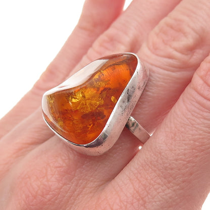 925 Sterling Silver Vintage JB Poland Real Amber Modernist Oxidized Ring Size 8