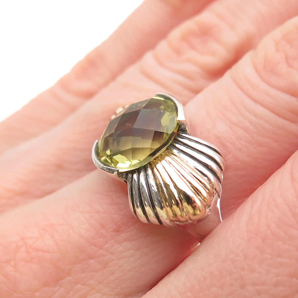 ALEX 925 Sterling Silver 14K Gold Vintage Real Peridot Modernist Ring Size 7