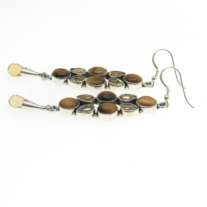 925 Sterling Silver Vintage Real Tiger Eye & Citrine Dangling Earrings