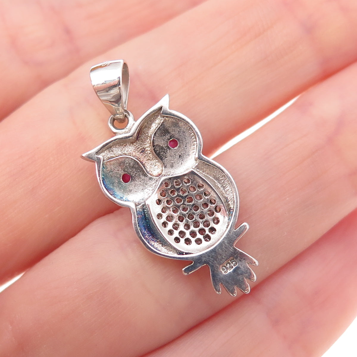 925 Sterling Silver Lab-Created Ruby & C Z Wise Owl Bird Charm Pendant