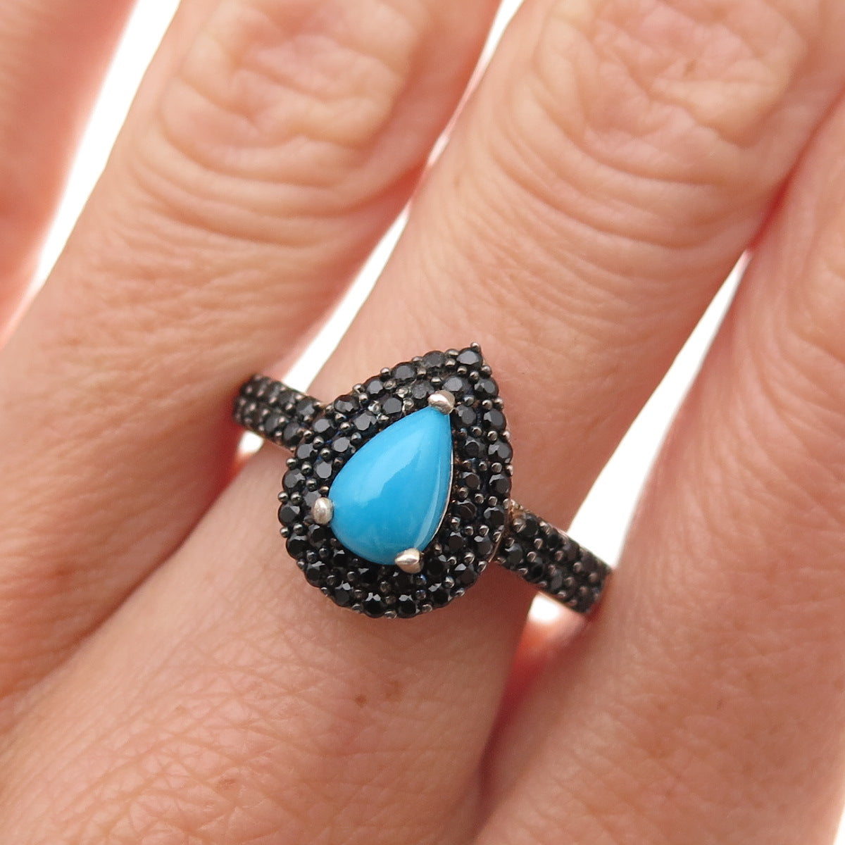 Chuck Clemency 925 Sterling Silver Real Turquoise & Black Spinel Ring Size 8