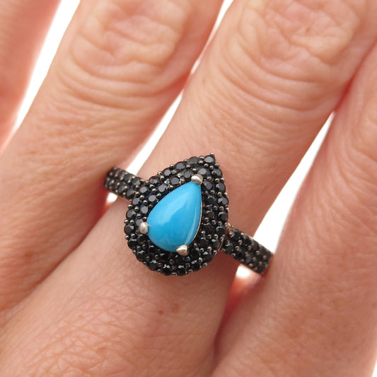 Chuck Clemency 925 Sterling Silver Real Turquoise & Black Spinel Ring Size 8