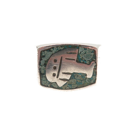925 Sterling Silver Vintage Mexico Real Turquoise Inlay Aztec Ring Size 9