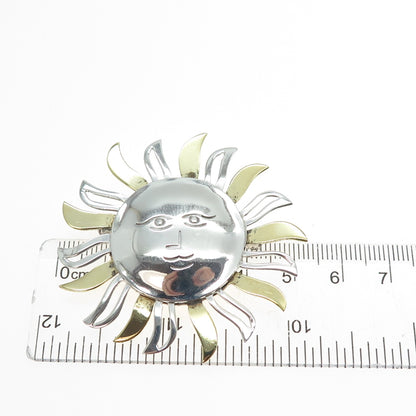 925 Sterling Silver 2-Tone Vintage Mexico Sun Face Pin Brooch