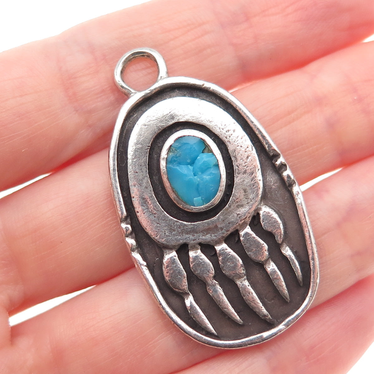 Old Pawn Sterling Silver Vintage Southwestern Turquoise Bear Paw Charm Pendant