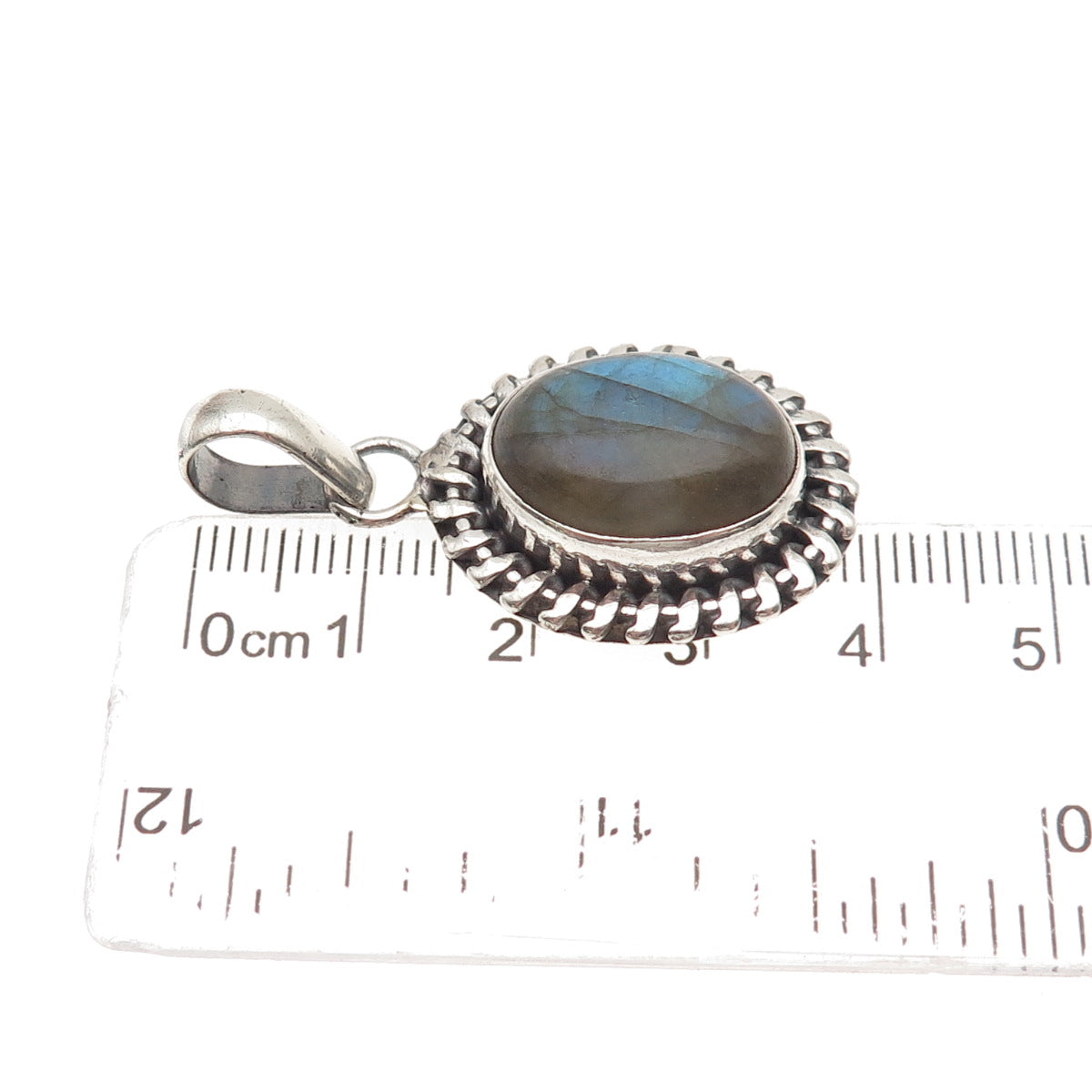 925 Sterling Silver Vintage Real Labradorite Modernist Oxidized Charm Pendant